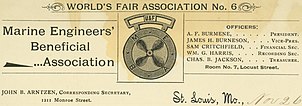 World's Fair Association No. 6 letterhead of the Marine Engineers' Beneficial Association, St. Louis, Missouri in 1901 World's Fair Association No. 6 - Letter from John B. Arntzen, World's Fair Marine Engineers' Beneficial Association, St. Louis, Missouri, to Bud, November 26, 1901 (cropped).jpg