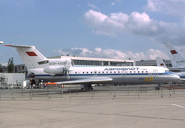 The Progress D-236 propfan engine on the Yak-42E-LL testbed aircraft at the Paris Air Show in 1991