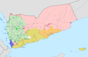   שטחים בשליטת ממשלת תימן   שטחים בשליטת החות'ים   שטחים בשליטת מועצת המעבר הדרומית (אנ')   שטחים בשליטת ברית השבטים של חצרמוות (אנ')   שטחים בשליטת אל-קאעידה בחצי האי ערב