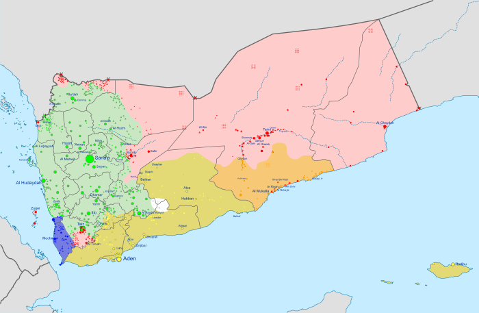 Current (November 2021) political and military control in ongoing Yemeni Civil War (2014–present) .mw-parser-output .legend{page-break-inside:avoid;break-inside:avoid-column}.mw-parser-output .legend-color{display:inline-block;min-width:1.25em;height:1.25em;line-height:1.25;margin:1px 0;text-align:center;border:1px solid black;background-color:transparent;color:black}.mw-parser-output .legend-text{}  Controlled by the Government of Yemen (under the Presidential Leadership Council since April 2022) and allies   Controlled by Houthis-led Supreme Political Council   Controlled by Ansar al-Sharia, Al-Qaeda in the Arabian Peninsula and Islamic State of Iraq and the Levant   Controlled by Southern Transitional Council