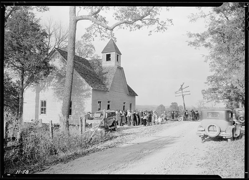 File:"A little country church, Sharps Station M.E. Church, near Loyston, Tennessee. Congregation leaving at close of the... - NARA - 532681.jpg