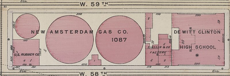 File:"DEWITT CLINTON HIGH SCHOOL" "ZINSSER & CO. FACTORY" "NEW AMSTERDAM GAS CO." "U.S. RUBBER CO." map in 1916, from- Bromley Manhattan Plate 081 publ. 1916 (cropped).jpg