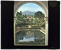 "Las Tejas," Oakleigh Thorne House, Montecito, California. View from swimming pool pavilion to house.