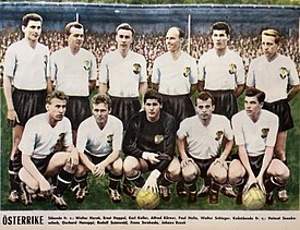 Austria national football team in 1958 with the following players – from left to right, standing; Walter Horak, Ernst Happel, Karl Koller, Alfred Körner, Paul Halla, Walter Schleger; crouched: Helmut Senekowitsch, Gerhard Hanappi, Rudolf Szanwald, Franz Swoboda and Johann Buzek.