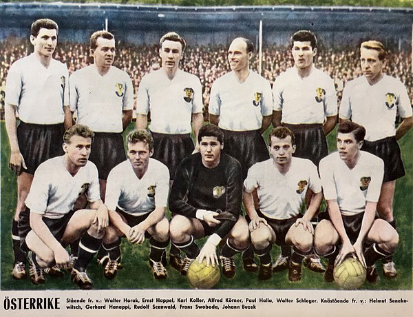 Austria national football team in 1958 with the following players – from left to right, standing; Walter Horak, Ernst Happel, Karl Koller, Alfred Körn