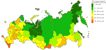 GRP per capita, 2016 (US dollars):
50 000 and over
30 000 - 50 000
9 750 (Russian average) - 20 000
7 500 - 9 750
5 000 - 7 500
under 3 000 VRP po sub'ektam RF na dushu naseleniia 2016.svg