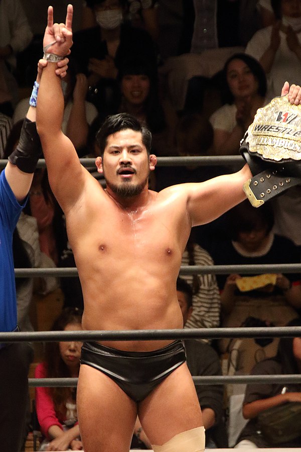 Ashino as the Wrestle-1 Champion in June 2017
