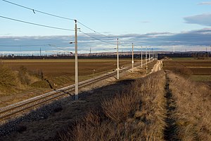 Single-tracked railway line running through a field