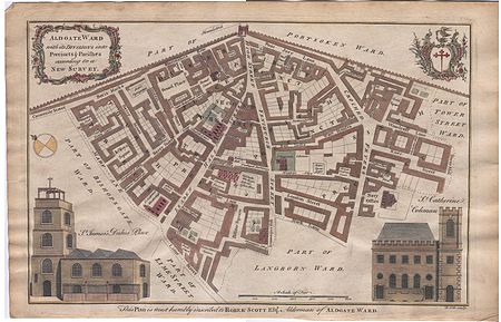 A 1755 map of Aldgate, showing its precincts (six numbered and one named). 1755 Cole Aldgate.jpg