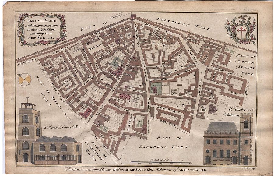 A 1755 map of Aldgate, showing its precincts (six numbered and one named).