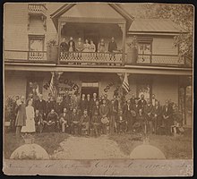 Group portrait of the 60th North Carolina Infantry Regiment at the home of Lieutenant Colonel James Mitchell Ray for their 1889 reunion. From the Liljenquist Family Collection of Civil War Photographs, Prints and Photographs Division, Library of Congress 1889 reunion of 60th North Carolina Infantry Regiment) - Brown, 7 & 9 Patton Avenue, Asheville, N.C LCCN2017660605.jpg