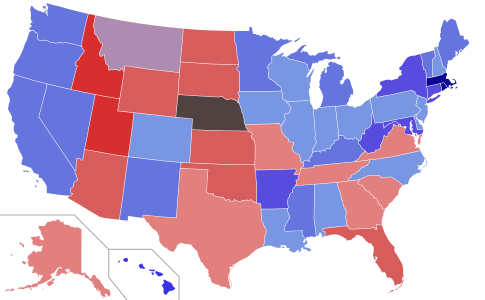 Lower house seats by party holding majority in each state Republican  50–60%  60–70%  70–80%  80–90%  90–100% Democratic  50–60%  60–70%  70–80%  80–90%  90–100%