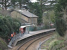 Work underway at Perranwell to install signalling equipment for the new loop being installed at Penryn. 2009 at Perranwell station - laying the new signal cable.jpg