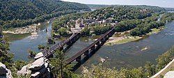 Panoramic view of Harpers Ferry from Maryland Heights, with the Shenandoah (left) and Potomac (right) rivers.
