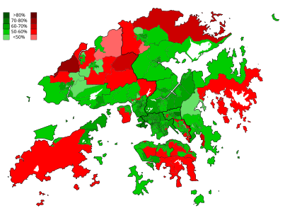Popular votes by District Council constituency. Red represents Pro-Beijing camp gained most votes and green the Pro-democracy camp. Pro-Beijing remained stronghold in the rural areas in Ha Tsuen, Pat Heung, Sai Kung District, Sha Tau Kok, Ta Kwu Ling and Lamma Island. Some urban areas in Mid-Levels, North Point, Chai Wan, Wong Tai Sin, Sau Mau Ping, Yau Tong and Shek Wai Kok showed more support for the Pro-Beijing camp. Pro-democracy camp grabbed majority of the votes in the rest areas.