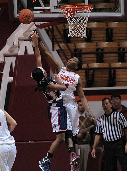 File:2013 Virginia Tech - Robert Morris - Uju Ugoka and a Robert Morris player go for a rebound.jpg