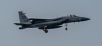 A US Air Force F-15C Eagle, tail number 81-0032, on final approach at Kadena Air Base in Okinawa, Japan.