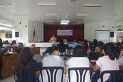 Michael Ong giving his welcome remarks during the 6th Waray Wikipedia Edit-a-thon at the University of the Philippines Visayas Tacloban College (UPVTC) held on November 18-19, 2016. The event was organized by the The Leyte-Samar Heritage Center of UPVTC and the Sinirangan Bisaya Wikimedia Community.