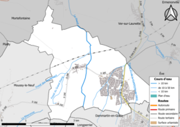 Carte en couleur présentant les réseau hydrographique de la commune