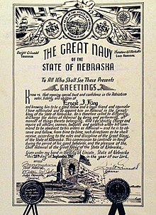 The Great Navy of the State of Nebraska certificate issued to Admiral Ernest J. King, 9th Chief of Naval Operations of the U.S. Navy, in September 1943 80-G-43365 (32360533453).jpg