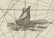 A galley in full sail, at the west of the island of Gilolo (now Halmahera). A galley West of Gilolo Kaart van enige eilanden van de Molukken Moluccae insulae celeberrimae.png