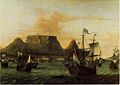 Aernout Smit. Tafelbaai, 1683. Nederlandse schepen zetten koers vanuit de Tafelbaai. Kaapstad, William Fehrverzameling (Kasteel de Goede Hoop).