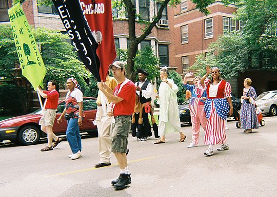 Hyde Park 2006 Independence Day parade (left to right starting at center in light green): Preckwinkle as the Statue of Liberty, Illinois State Representative Barbara Flynn Currie as Uncle Sam, and Chicago City Council Alderman Leslie Hairston as Betsy Ross