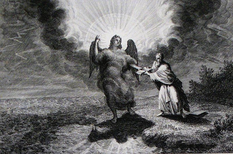 File:Apocalypse 13. An angel appears with a book. Revelation cap 10 v 3. Mortier's Bible. Phillip Medhurst Collection.jpg