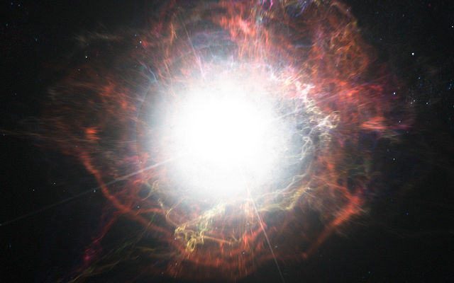 Artist's impression of dust formation around a supernova explosion.