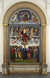 Montaje actual del llamado "políptico de San Pedro",[107]​ de Perugino, ca. 1496. La disposición original era más compleja.