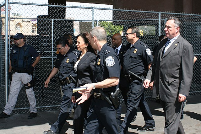 California Attorney General Kamala Harris visiting the U.S.–Mexico border on March 24, 2011, to discuss strategies to combat drug cartels