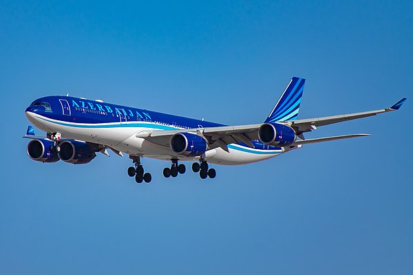 Azerbaijan Airlines is the world's last airline operating the Airbus A340-500. One is pictured here during landing.