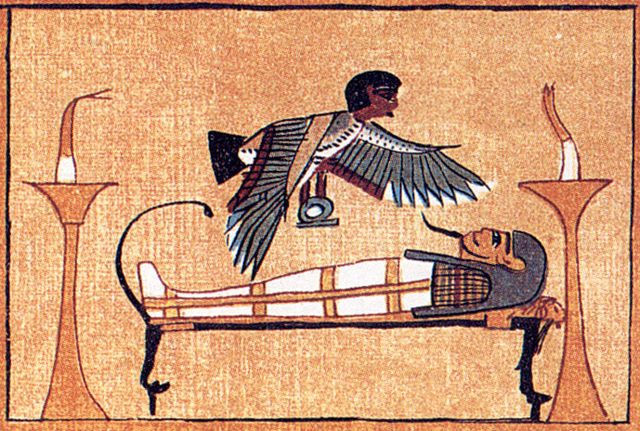 The ba hovering above the body. This image is based on an original found in The Book of the Dead.
