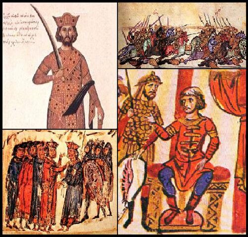 Clockwise from right: The Battle of Anchialus; Khan Omurtag; The rulers of Bulgaria and Byzantium negotiate for peace; Emperor Nikephoros II Phokas.