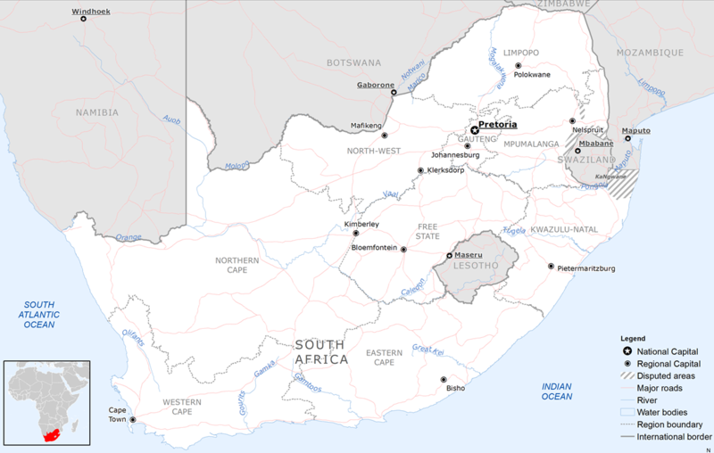 The independent country of Lesotho is completely enclaved by the country of South Africa. The country of Eswatini, to the east, is not an enclave because it borders two countries: South Africa and Mozambique.