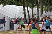 Deutsch: Beachhandball Europameisterschaften 2019 (Beach handball Euro); Tag 3: 4. Juli 2019 – Männer, Hauptrunde Gruppe I, Dänemark-Spanien 2:0 (23:20, 29:22) English: Beach handball Euro; Day 3: 4 July 2019 – Men Main Round Group I – Denmark-Spain 2:0 (23:20, 29:22)