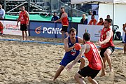 Deutsch: Beachhandball Europameisterschaften 2019 (Beach handball Euro); Tag 1: 2. Juli 2019 – Männer, Vorrunde Gruppe D, Frankreich-Montenegro 2:0 (19:7, 18:9) English: Beach handball Euro; Day 1: 2 July 2019 – Men Preliminary Round Group D – France-Montenegro 2:0 (19:7, 18:9)