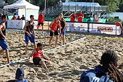 Deutsch: Beachhandball Europameisterschaften 2019 (Beach handball Euro); Tag 1: 2. Juli 2019 – Männer, Vorrunde Gruppe D, Frankreich-Montenegro 2:0 (19:7, 18:9) English: Beach handball Euro; Day 1: 2 July 2019 – Men Preliminary Round Group D – France-Montenegro 2:0 (19:7, 18:9)