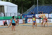 Deutsch: Beachhandball Europameisterschaften 2019 (Beach handball Euro); Tag 2: 3. Juli 2019 – Frauen, Vorrunde Gruppe D, Ukraine-Deutschland 2:0 (23:22, 32:24) English: Beach handball Euro; Day 2: 3 July 2019 – Women Preliminary Round Group D – Ukraine-Germany 2:0 (23:22, 32:24)