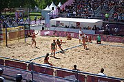 Deutsch: Beachhandball bei den Olympischen Jugendspielen 2018; Tag 4, 10. Oktober 2018; Mädchen, Vorrunde, Gruppe A - Ungarn-Chinese Taipei (Taiwan) 2:0 English: Beach handball at the 2018 Summer Youth Olympics at 10 October 2018 – Girls Preliminary Round Group A‎ – Hungary-Chinese Taipei 2:0