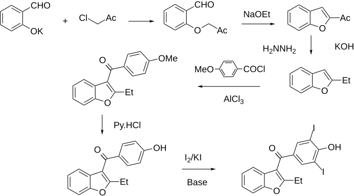 Benziodaron synthesis: U.S. patent 3,012,042 Benziodaron synthesis.svg