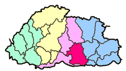Locatie van het district Zhemgang in Bhutan (in het paars)