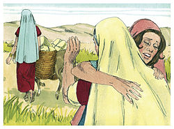 Bible illustrations on Ruth 1: Ruth remains with Naomi, while Orpah leaves them. Sweet Media (1984). Book of Ruth Chapter 1-7 (Bible Illustrations by Sweet Media).jpg