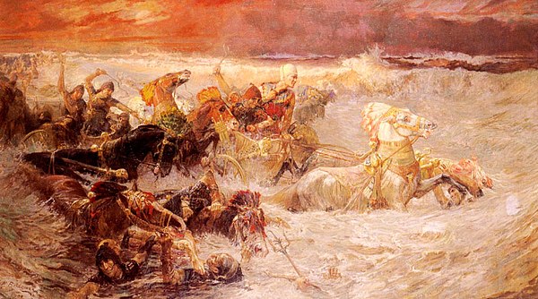 Pharaoh's army engulfed by the Red Sea, by Frederick Arthur Bridgman (1900)