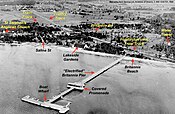 The wooden, 442m-long Britannia pier. During the 1960s, the pier was widened from about 9m to 74m (consult GeoOttawa aerial photos timeline[6]). The village is to the left of Lakeside Gardens (1920).