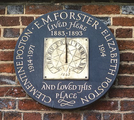Plaque and sundial at Rooks Nest, the childhood home remembered in Forster's novel Howards End.