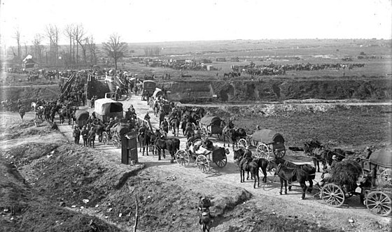 German horse-drawn supply bottleneck in front of provisional bridges near Étricourt, France, during Operation Michael, 24 March 1918