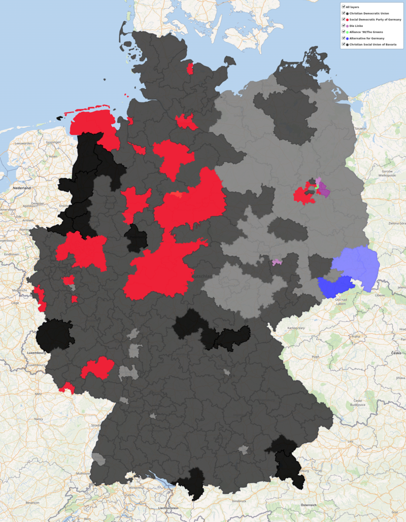 Primary votes for the 2017 federal elections in Germany by election district (geoshapes), political party (color) and vote share of the winning party (color shade).