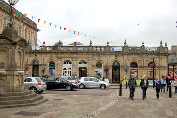 The Buxton Thermal Baths, now the Cavendish Arcade, at the east end of range, with The Colonnade at far right, and the side of the Crescent visible up