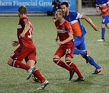 Johnson playing for Chicago Fire in a 2017 U.S. Open Cup match against FC Cincinnati CINvCHI 2017-06-28 - Bastian Schweinsteiger, Daniel Johnson (40485491274) (cropped).jpg